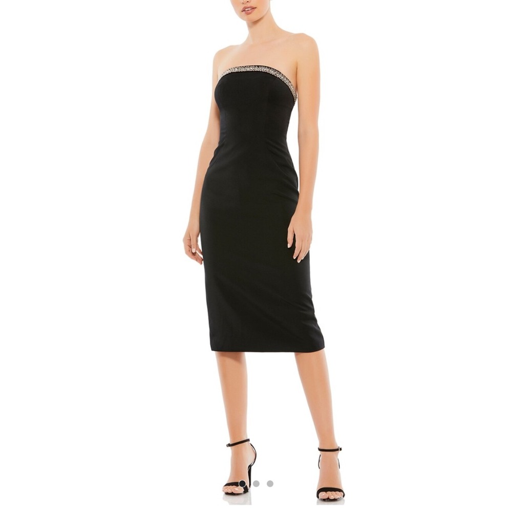 Mac Duggal Black Strapless Midi Dress with Embellished Trim